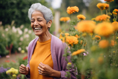Portrait of a smiling senior woman standing among flowers in the gardenの素材