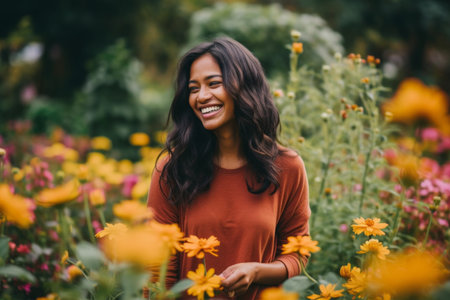 Beautiful african american woman smiling and looking at camera in flower gardenの素材