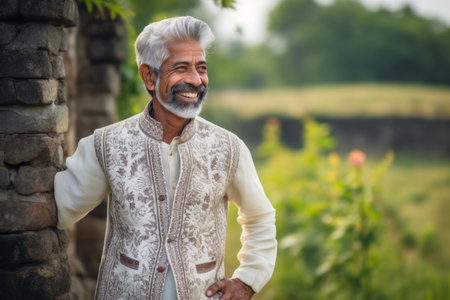 Portrait of a happy senior man in traditional indian clothing at countrysideの素材