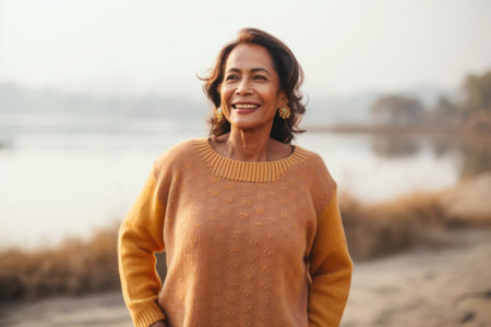 Portrait of a smiling woman in sweater standing on the beach and looking at cameraの素材