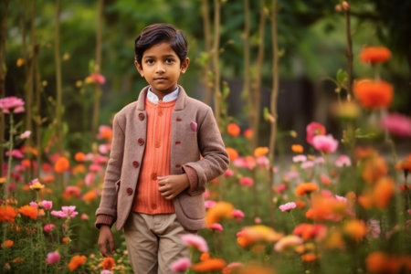 Cute indian little boy standing in a flower garden with flowersの素材