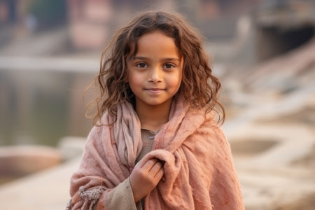 Portrait of a beautiful little girl with long curly hair in a pink shawlの素材