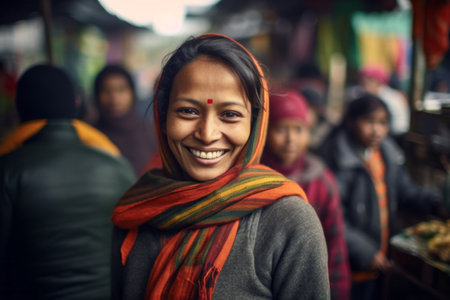 Portrait of a smiling indian woman at the street market.の素材