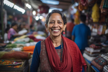 Portrait of a smiling woman at the street market in India.の素材