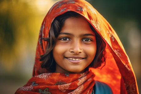 Portrait of a young Indian girl with a red scarf on her head.の素材