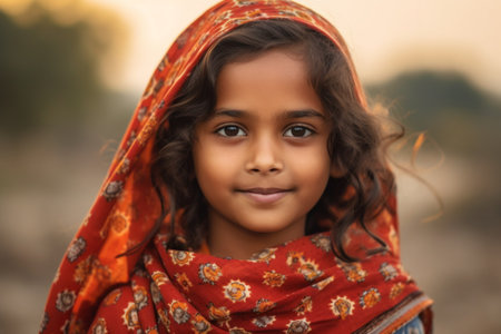 Portrait of a beautiful indian little girl with red scarf.の素材