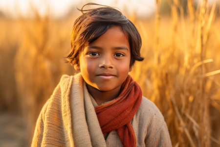 Cute indian kid in wheat field with scarf and shawlの素材
