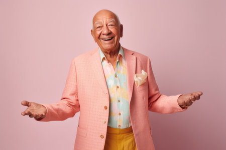 Portrait of happy senior man in a pink suit and yellow pants.の素材