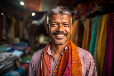 Portrait of a smiling Indian man at the market.の素材