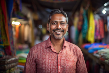 Portrait of smiling indian man standing in front of camera at the marketの素材