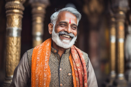 Portrait of a smiling Indian man at Amber Fort, Jaipur, Rajasthan, Indiaの素材