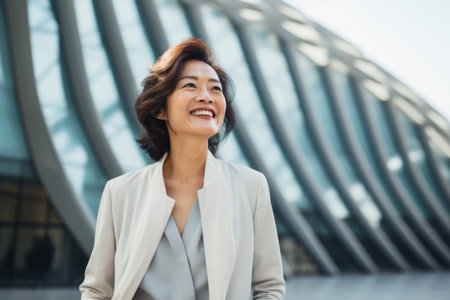 Portrait of a smiling businesswoman standing outdoors with her arms crossedの素材
