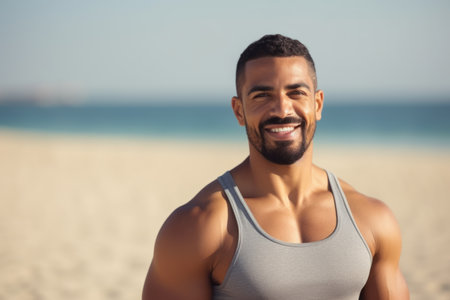 Portrait of a smiling sporty man at the beach on a sunny dayの素材