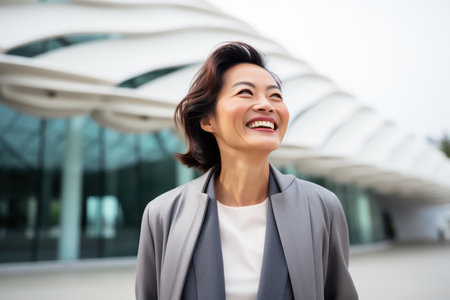 Asian businesswoman standing outside office building smiling and looking to the sideの素材