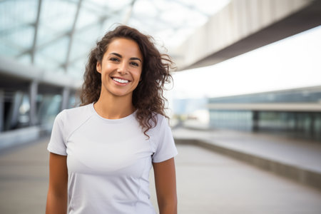 Portrait of a smiling young woman in white t-shirt outdoorsの素材
