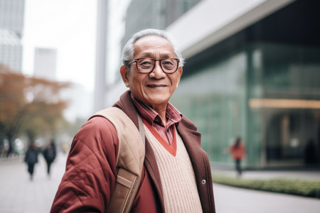 Portrait of happy senior man walking in the city. asian peopleの素材