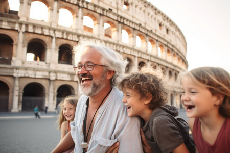 Portrait of happy father and children in front of Colosseum in Rome, Italyの素材
