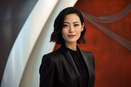 Portrait of a beautiful asian businesswoman wearing a black suitの素材