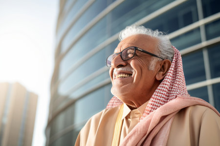 Portrait of a senior arabic man smiling in the cityの素材