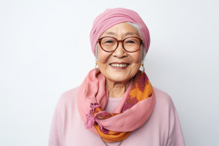 Portrait of senior asian woman wearing scarf and eyeglasses.の素材
