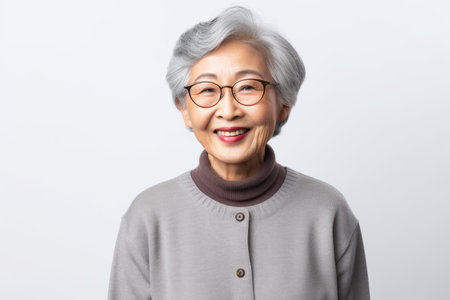 Asian senior woman in gray sweater and eyeglasses on white backgroundの素材
