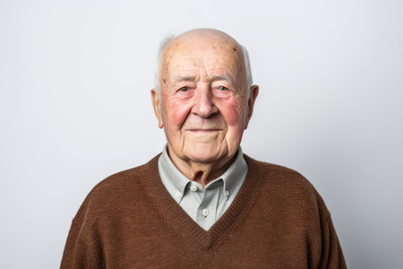 Portrait of a senior man in a brown sweater on a white backgroundの素材
