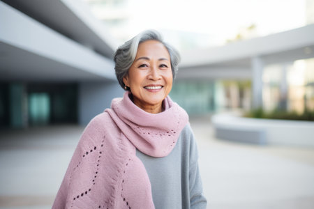 Portrait of smiling senior woman standing in front of modern office buildingの素材