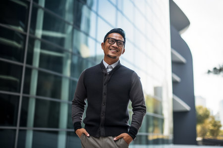Portrait of a young asian businessman standing with hands in pocketsの素材