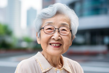 elderly asian woman with eyeglasses smiling at cameraの素材
