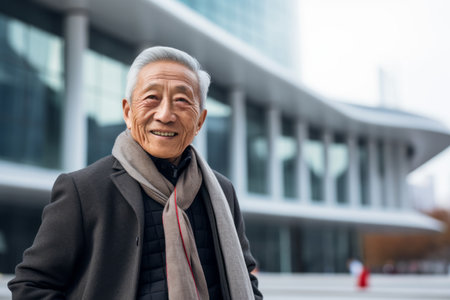 Portrait of a senior asian man in the city street.の素材