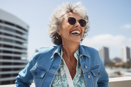 Portrait of smiling senior woman in sunglasses on roof top in cityの素材