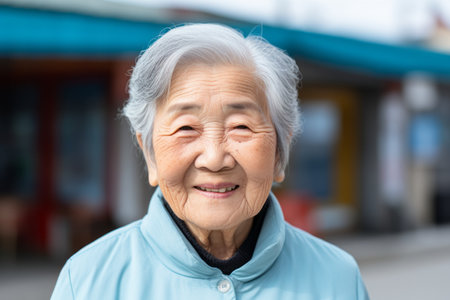 elderly asian woman in blue jacket with smile on faceの素材