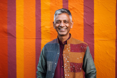 Portrait of smiling mature Indian man standing in front of colorful wallの素材