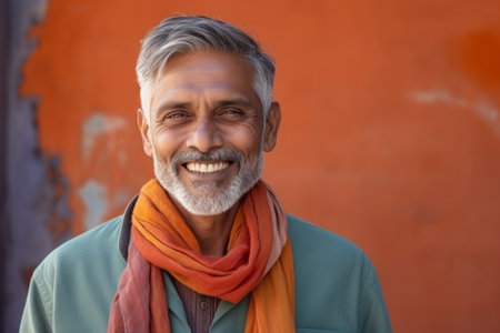 Portrait of happy mature Indian man with orange scarf against orange wallの素材