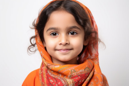 indian little girl wearing a headscarf on white background.の素材