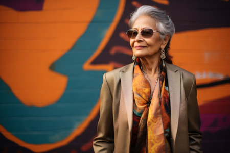 Portrait of an elderly woman in sunglasses on a background of graffitiの素材