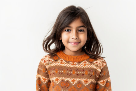 Portrait of a cute little girl with long hair on white backgroundの素材