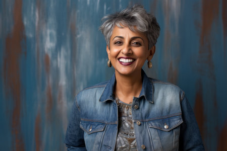 Portrait of a beautiful middle-aged woman wearing a denim jacketの素材