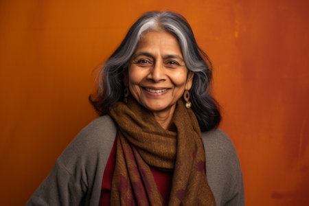 Portrait of a smiling senior asian woman wearing scarf against orange backgroundの素材