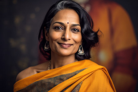 Portrait of a beautiful Indian woman wearing saree and looking at cameraの素材