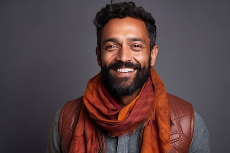 Portrait of a smiling bearded Indian man wearing scarf over gray backgroundの素材