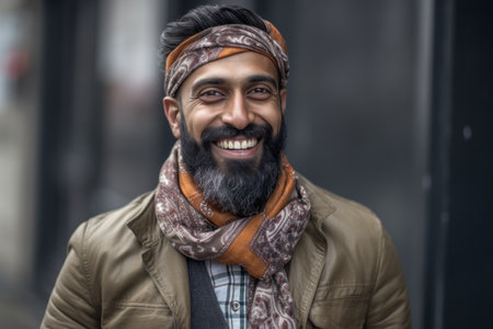 Portrait of a bearded Indian man wearing a head scarf and coat in the cityの素材