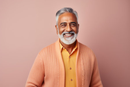 Portrait of a smiling senior Indian man looking at the camera while standing against pink backgroundの素材