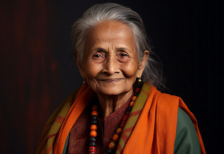Portrait of an old asian woman in traditional clothes on black backgroundの素材