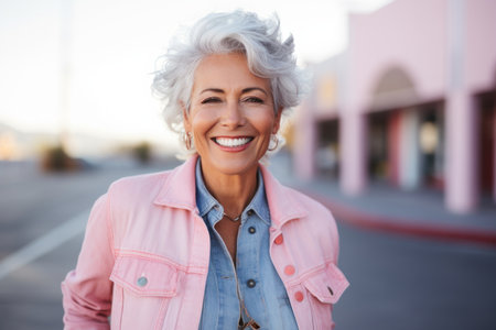 Portrait of smiling mature woman in pink jacket standing on city streetの素材
