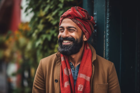 Handsome bearded Indian man in a red turban and coat posing on the street.の素材