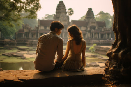 Couple sitting on the rock in front of the temple at sunsetの素材