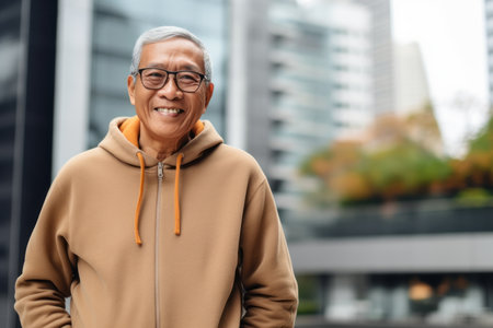 Portrait of happy senior man in hoodie smiling at camera outdoorsの素材