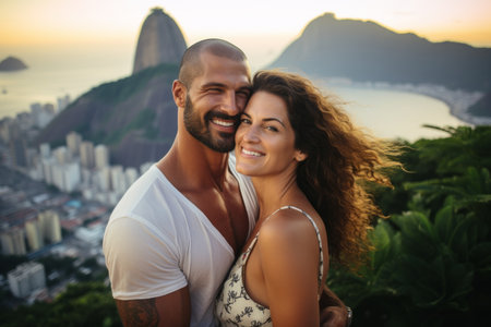 Couple in love in Rio de Janeiro, Brazil. Man and woman embracing and looking at camera.の素材