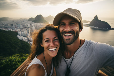 Happy young couple taking a selfie in Rio de Janeiro, Brazil.の素材